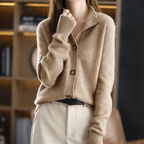 Yasmijn Soft Brushed Cardigan with Buttons and Collar in Khaki